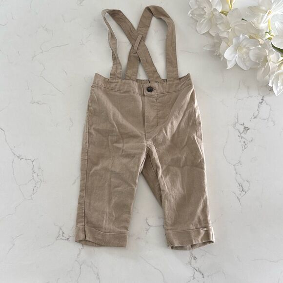 Janie and Jack Baby Linen-Cotton Suspender Pant in Classic Khaki Size 3/6 Months - Picture 2 of 9